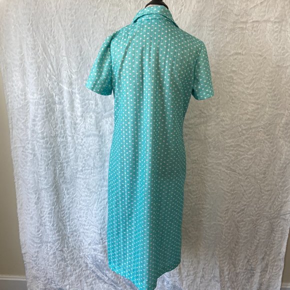 Vintage 60’s Retro Teal Polka Dot Print Abstract Belted Midi Dress Frock - Picture 13 of 14